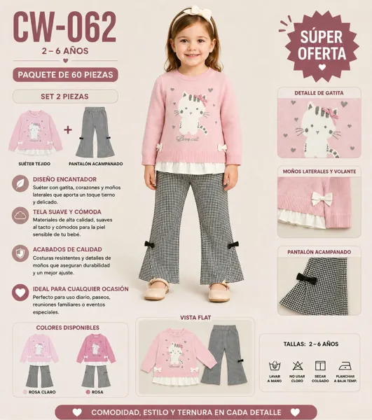 Conjunto de 2 piezas con suéter tejido de gatita y pantalón acampanado con moños para niña