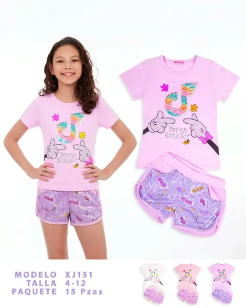 Conjunto de 2 piezas con playera y short con lentejuelas para niña