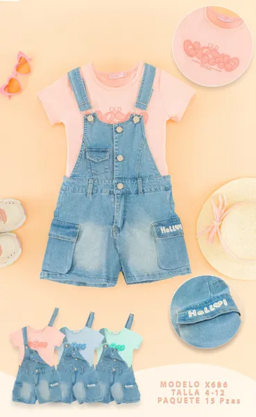 Conjunto de 2 piezas con playera y overol corto de mezclilla para niña
