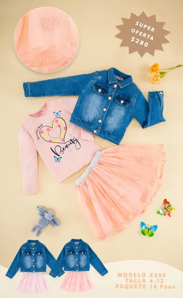 Conjunto de 3 piezas con chaqueta de mezclilla, blusa y falda de tul estampado de corazón para niña