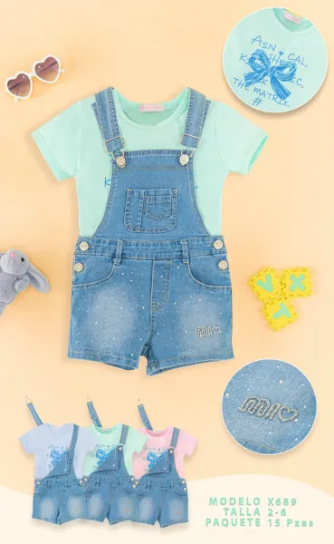 Conjunto de 2 piezas con playera y overol corto de mezclilla para niña