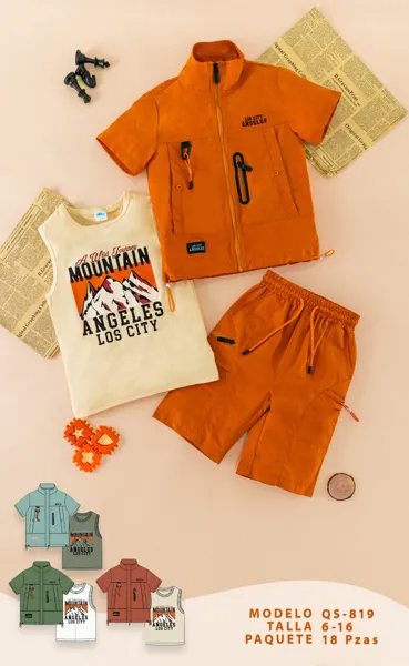 Conjunto de 3 piezas con chamarra corta, playera sin mangas y short para niño