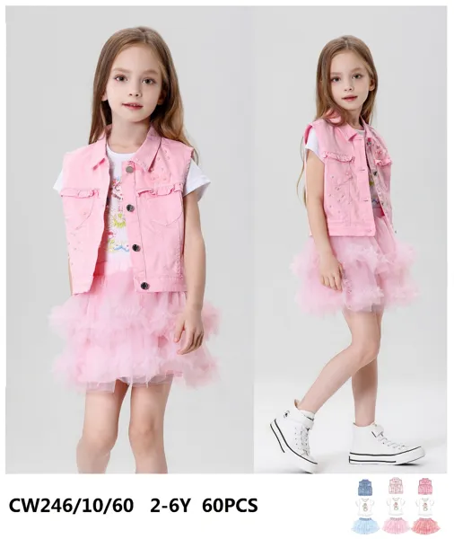 Conjunto de 3 piezas con chaleco de mezclilla, playera y falda de tul para niña