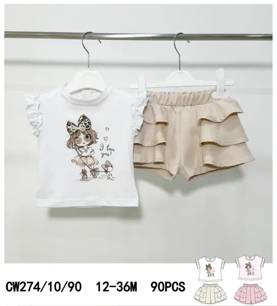 Conjunto de 2 piezas con playera I Love You y short con olanes para niña