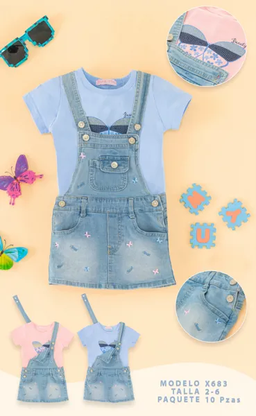 Conjunto de 2 piezas con playera y jumper de mezclilla bordado de mariposas para niña