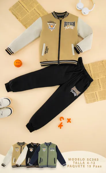 Conjunto de 2 piezas con chamarra tipo beisbol y pantalón jogger para niño