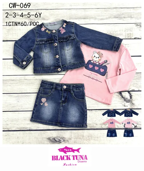 Conjunto de 3 piezas con chaqueta de mezclilla, falda y blusa con estampado de osito para niña