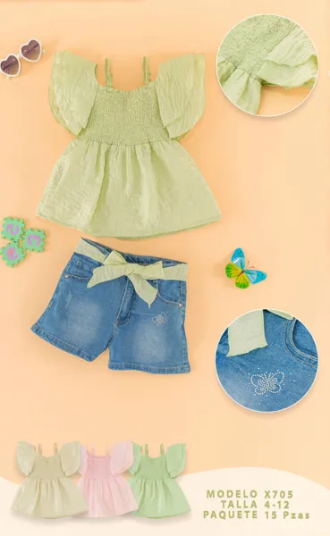 Conjunto de 2 piezas con blusa de hombros descubiertos y short de mezclilla para niña