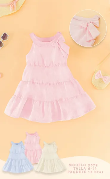 Vestido sin mangas con olanes escalonados y moño en el hombro para niña