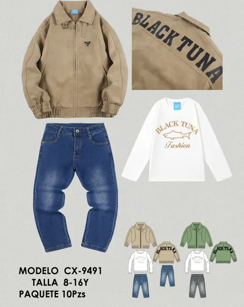 Conjunto de 3 piezas con chaqueta de gamuza, playera y jeans para niño