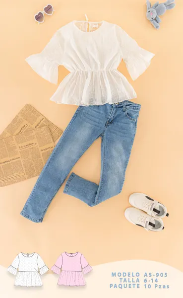 Conjunto de 2 piezas con blusa calada de olan y jeans para niña