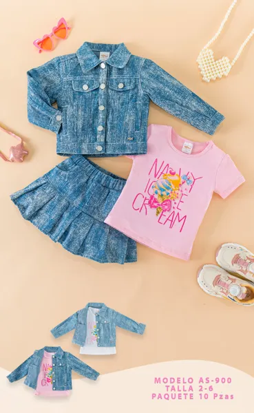 Conjunto de 3 piezas con chamarra de mezclilla, playera Ice Cream y falda de mezclilla para niña