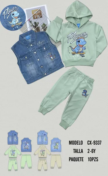 Conjunto de 3 piezas con chaleco de mezclilla y sudadera con capucha estampado de dinosaurio para niño