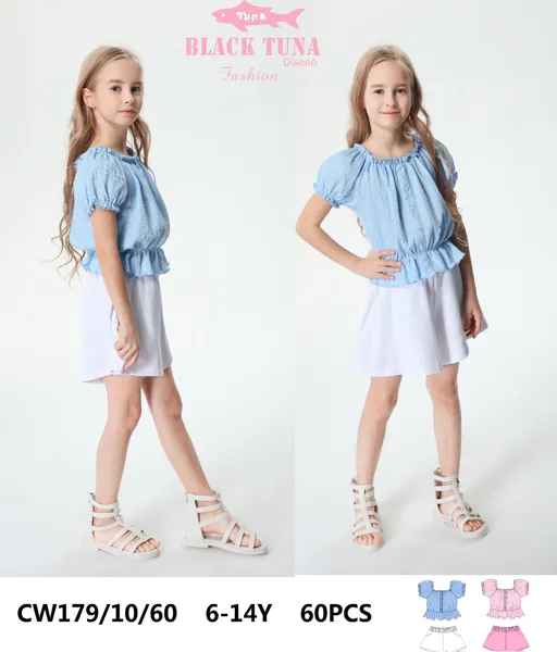 Conjunto de 2 piezas con blusa de olan y falda para niña