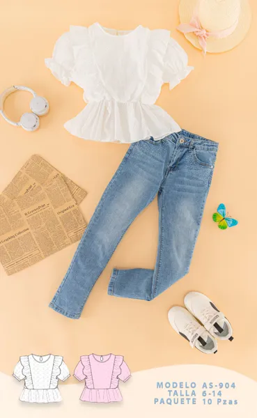 Conjunto de 2 piezas con blusa de olan y jeans para niña