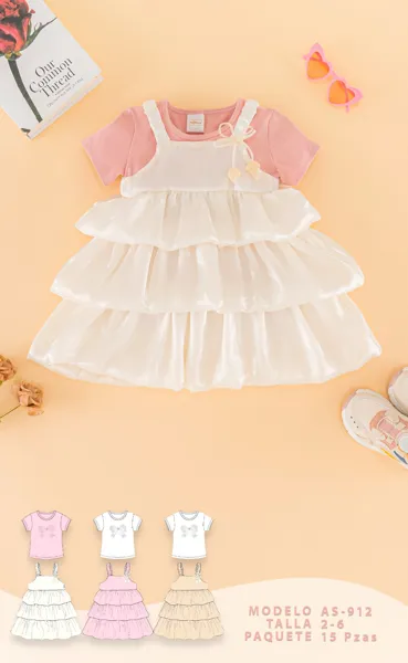 Conjunto de 2 piezas con playera y vestido de tirantes con olanes tornasol para niña