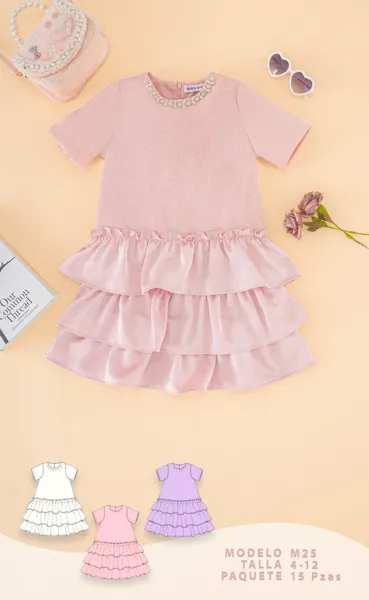 Vestido con olanes escalonados y cuello de perlas para niña