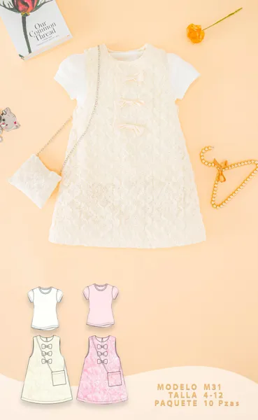 Conjunto de 3 piezas con playera, vestido y bolso para niña