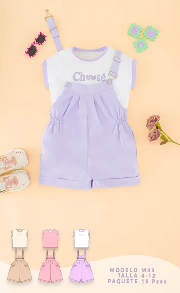 Conjunto de 2 piezas con playera Choose y jumper de tirantes con short para niña