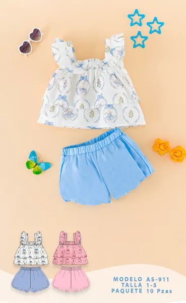 Conjunto de 2 piezas con top de olanes estampado de conejitos y short para niña