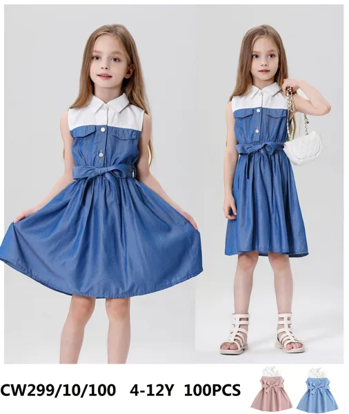 Vestido sin mangas de mezclilla con cuello camisero y cinturón de moño para niña