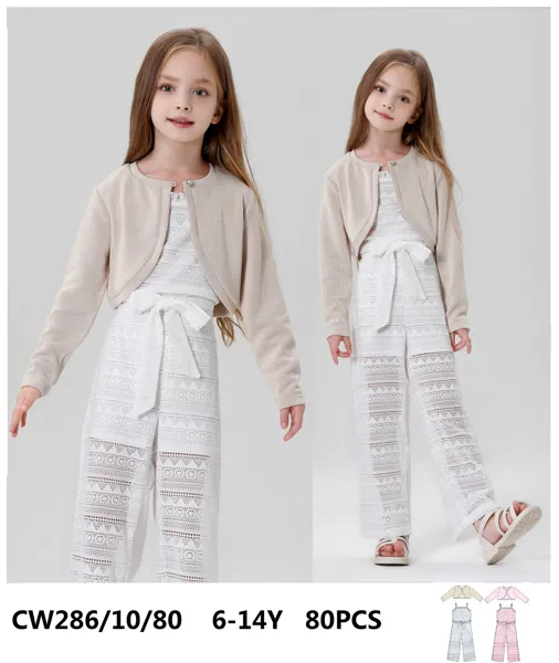 Conjunto de 2 piezas con cardigan y jumpsuit de encaje para niña
