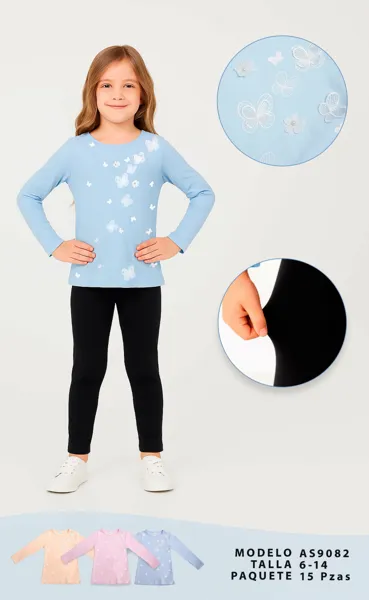 Playera de manga larga de algodón con mariposas y flores aplicadas para niña