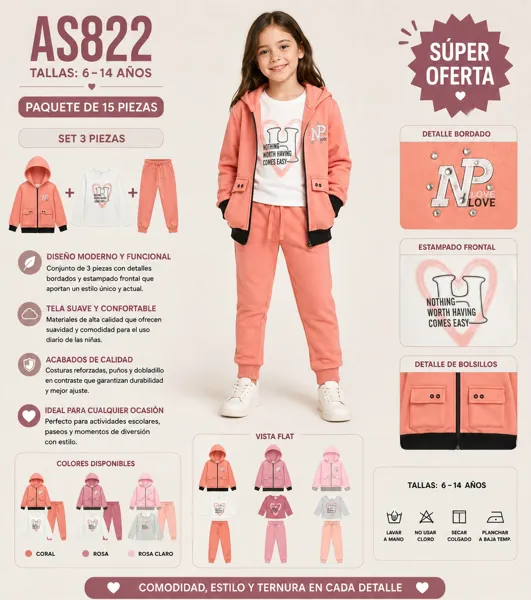 Conjunto de 3 piezas con sudadera con capucha y cierre, playera y pants para niña