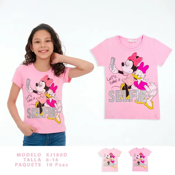 Playera de manga corta rosa con estampado de Minnie y lentejuelas Selfie para niña