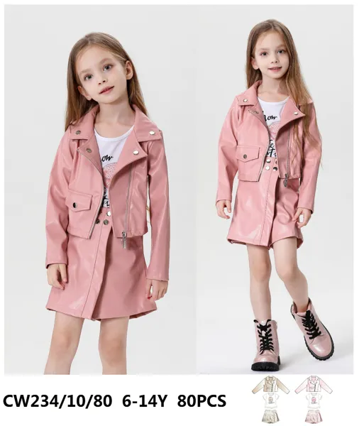 Conjunto de 3 piezas con chaqueta de piel sintética, blusa y falda para niña
