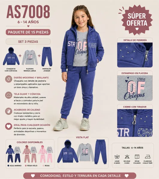 Conjunto de 3 piezas con chaqueta con capucha, playera y pantalón jogger estampado Octopus para niña