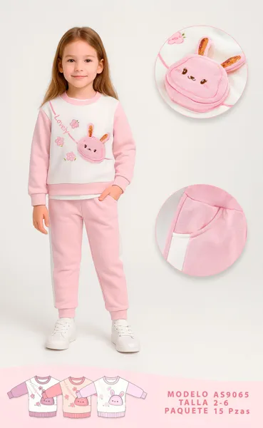 Conjunto de 2 piezas con sudadera de bolsito de conejo y pantalón jogger para niña