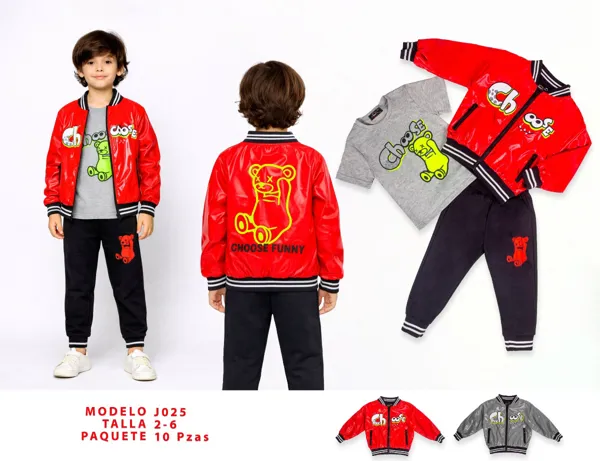 Conjunto de 3 piezas con chamarra bomber, playera y pants estampado de osito Choose Funny para niño