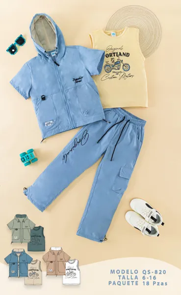 Conjunto de 3 piezas con chamarra con capucha, playera y pantalón cargo estampado Portland para niño