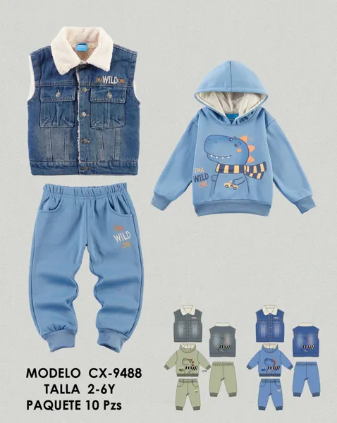 Conjunto de 3 piezas con chaleco de mezclilla forrado de peluche y sudadera con capucha de dinosaurio para niño