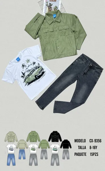Conjunto de 3 piezas con chamarra, playera y jeans para niño