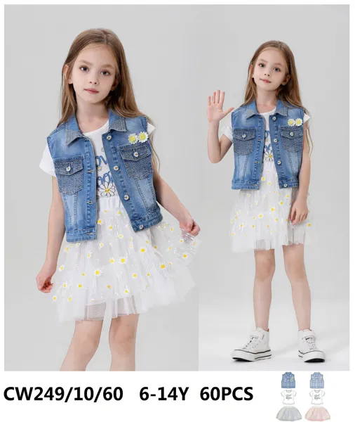 Conjunto de 3 piezas con chaleco de mezclilla y falda de tul con margaritas para niña