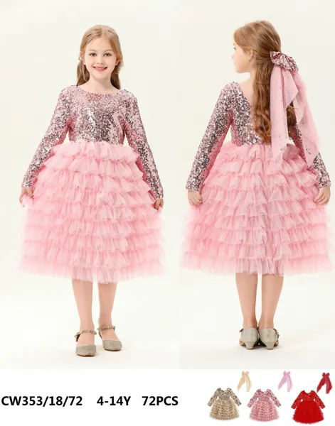 Vestido de lentejuelas con falda de tul en capas y moño para niña