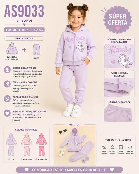 Conjunto de 2 piezas con sudadera con capucha y estampado de unicornio para niña
