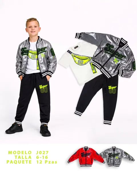 Conjunto de 3 piezas con chamarra bomber metálica y pantalón jogger estampado para niño