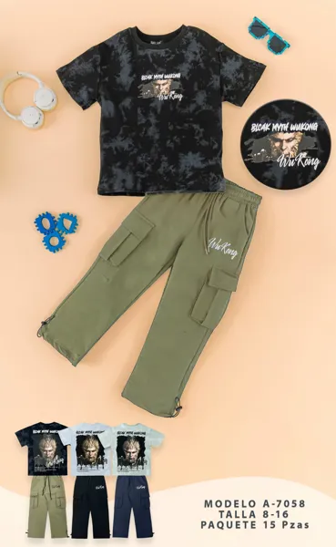 Conjunto de 2 piezas con playera tie-dye y pantalón cargo estampado para niño