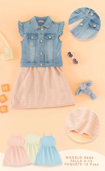 Conjunto de 2 piezas con chaleco de mezclilla y vestido para niña
