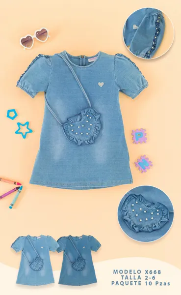 Vestido de mezclilla de manga corta con bolsa de corazón para niña