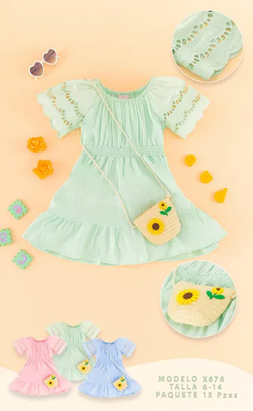 Vestido con mangas caladas y bolsa de girasol para niña