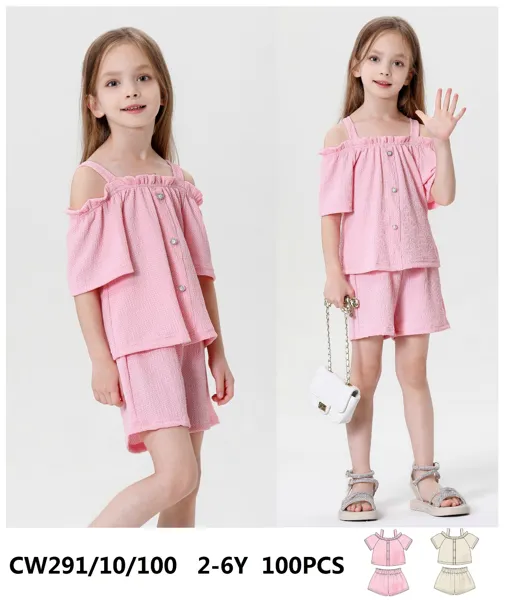 Conjunto de 2 piezas con blusa de hombros descubiertos y short para niña