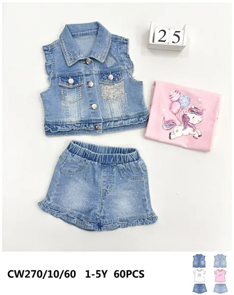 Conjunto de 3 piezas con chaleco de mezclilla, playera de unicornio y short para niña