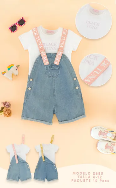 Conjunto de playera y overol corto de mezclilla con tirantes para niña