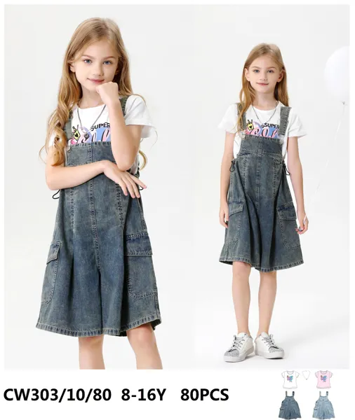 Conjunto de playera y jumper de mezclilla con tirantes para niña