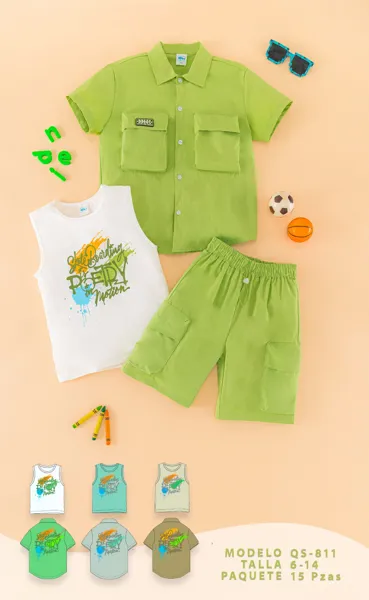 Conjunto de 3 piezas con camisa, camiseta sin mangas y short cargo para niño