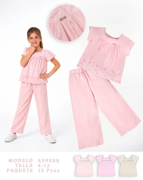 Conjunto de 2 piezas con blusa de encaje y pantalón acampanado para niña